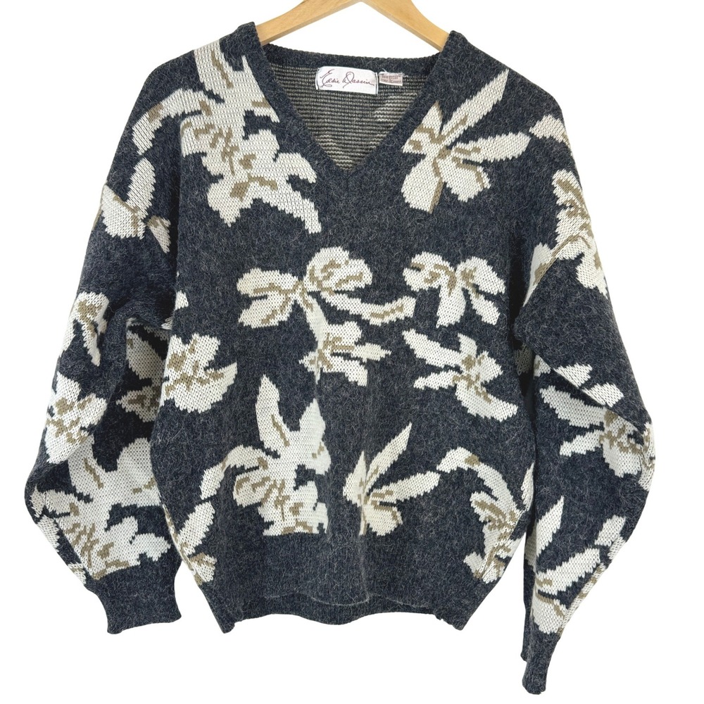 VTG! Eddie Dassin Floral Print V Neck Pullover Sweater Womens L Korea‎